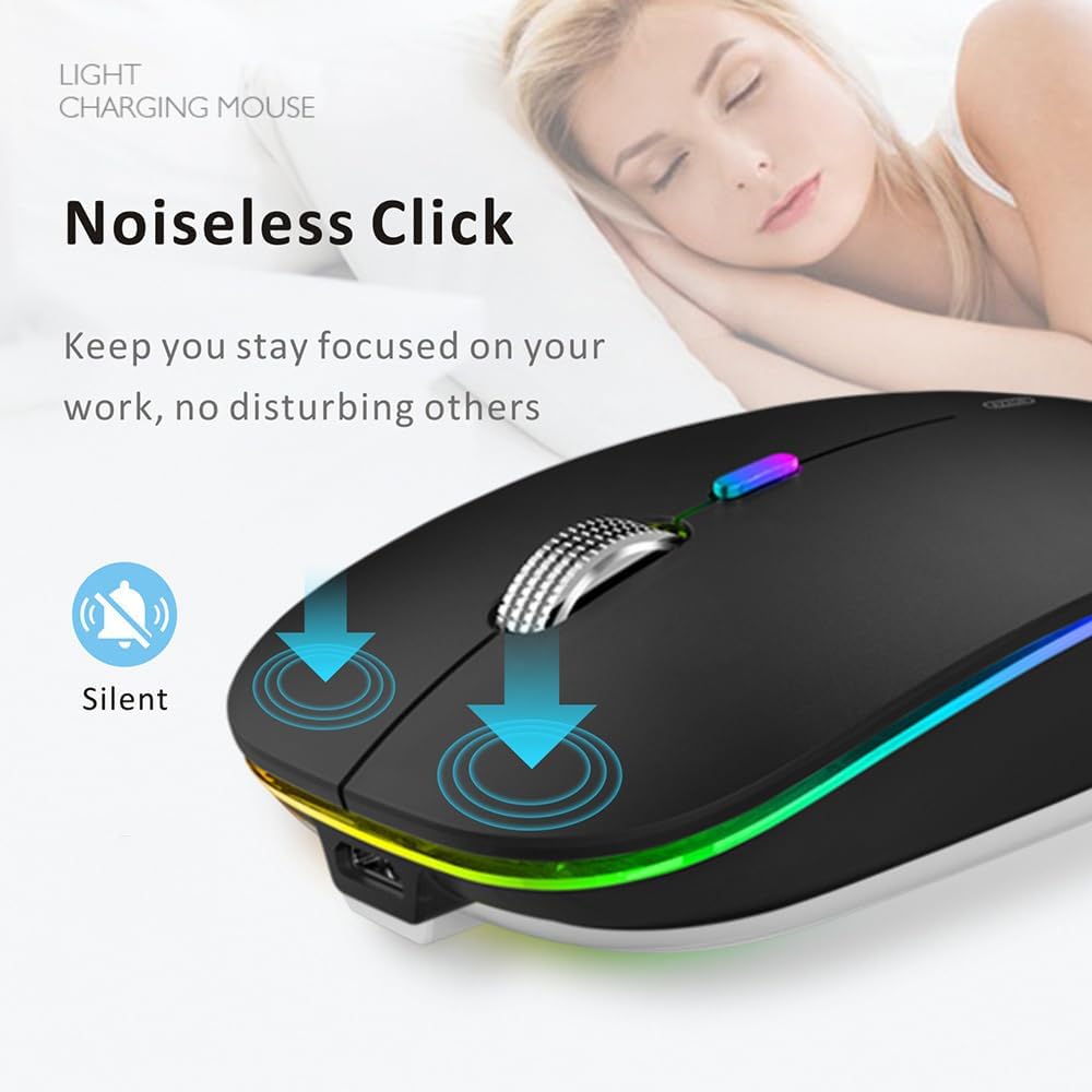Uiosmuph LED Wireless Mouse, G12 Slim Rechargeable Silent Mouse, 2.4G Portable USB Optical Computer Mice with USB Receiver and Type C Adapter (Matte Black) - Image 4
