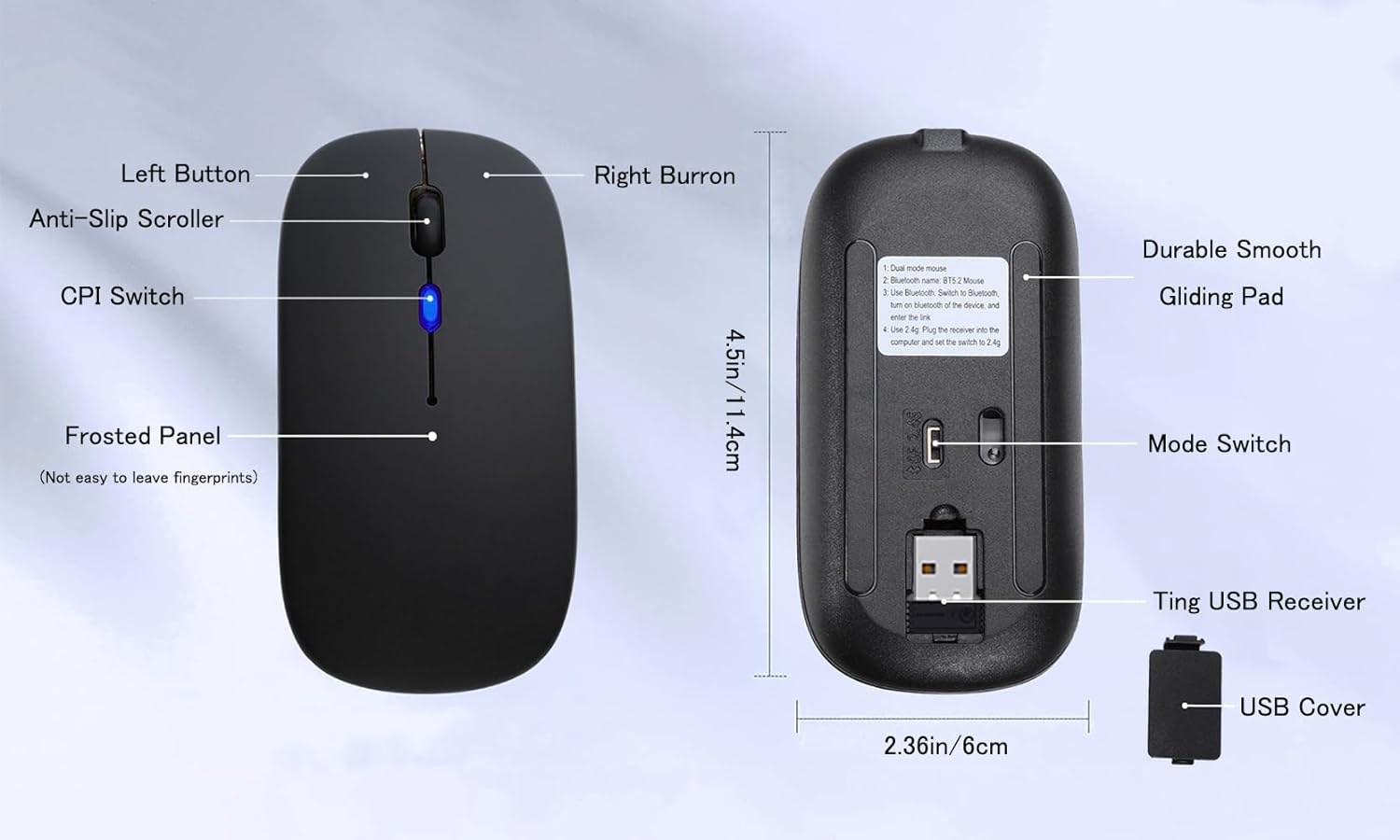 Wireless Bluetooth Mouse Rechargeable Laptop Mice with LED Use Portable(BT5.2 and USB 2.4G) Dual Mode Connection Silent Slim Computer Mouse for Laptop/iPad Tablet/Apple MacBook/PC (Black) - Image 6