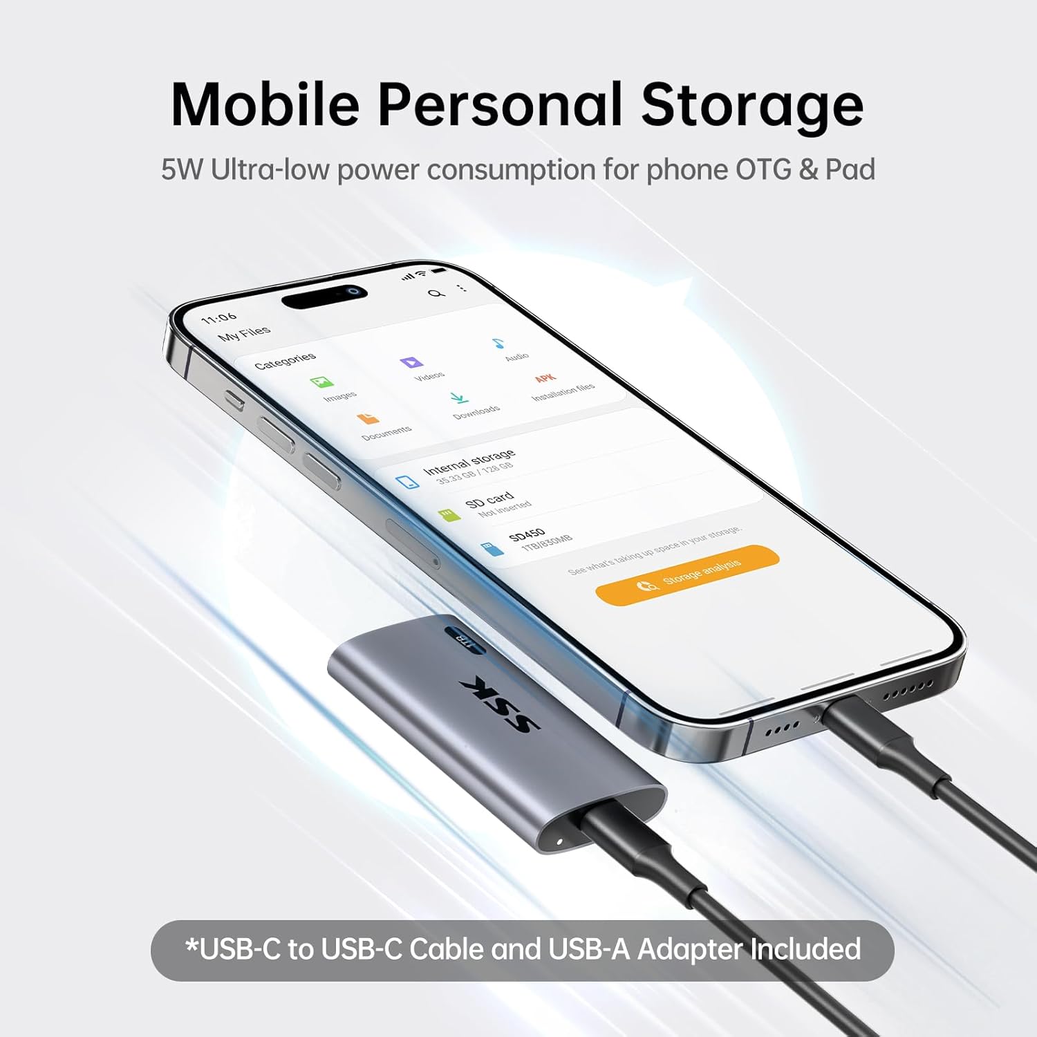 SSK 1TB SSD External Hard Drive, Portable SSD Up to 550MB/s Fast Solid State Drives, External Drive USB 3.2 Gen2 for iPhone 15/Pro, Windows, Mac, Android with LED Light, Trim, Smart Supported - Image 3