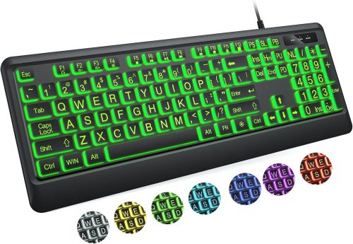 Large Print Keyboard – 7 Interchangeable Backlight Colors, Light Up USB Wired Computer Keyboards, USB Plug-and-Play, Foldable Stands, Corded Full Size Keyboard for Windows, PC, Laptop