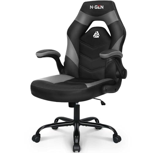 N-GEN GAMING Video Gaming Chair Ergonomic Office Desk Chair with Lumbar Support Adjustable Height Padded Flip Up Arms and Swivel Wheels Racing Style Design for Adults with PU Leather (Grey)