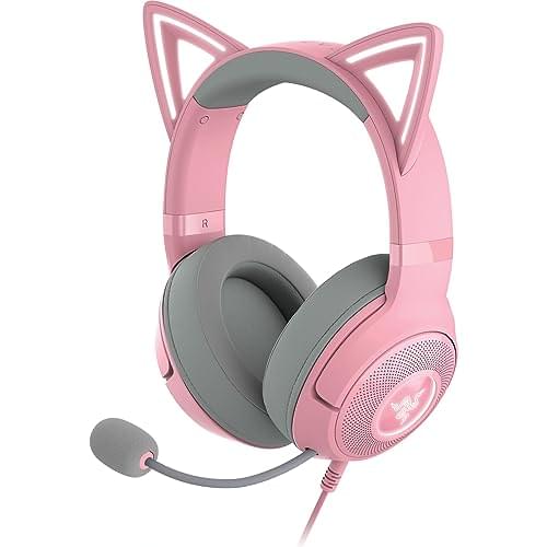 Razer Kraken Kitty V2 USB Wired Headset: Chroma RGB Kitty Ears – Stream Reactive Lighting – HyperClear Cardioid Mic – 40 mm Drivers – 7.1 Surround Sound – Comfortable Ear Cushions – Quartz Pink