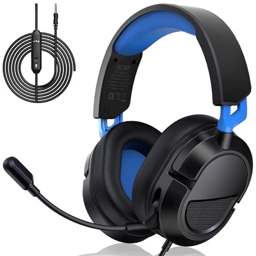 Gaming Headset with Mic for PS 5/5 Pro/4, Xbox Series X/S/One, PC, Smartphones、Nintendo Switch. Gaming Headphone Splitter 3.5mm – Removable Mic, 50mm Speakers. （Black-Blue）