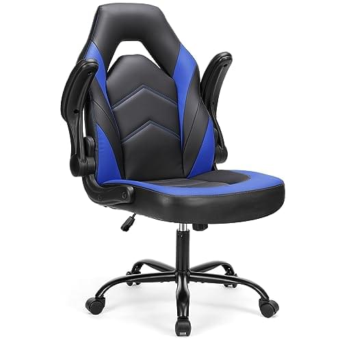 Sweetcrispy Computer Gaming Desk Chair – Ergonomic Office Executive Adjustable Swivel Task PU Leather Racing Chair with Flip-up Armrest for Adults, Kids, Men, Girls, Gamer, Black Blue
