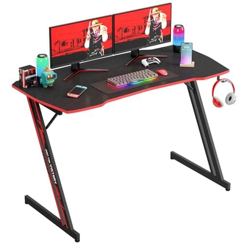PayLessHere 47 Inch Modern Z-Shaped Gaming Desk Computer Desk for Home Office with Headphone Hook – Sturdy Workstation Table with Spacious Desktop,Red