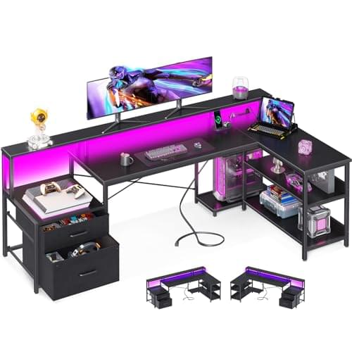 ODK L Shaped Desk with File Drawer, 75″ Reversible L Shaped Computer Desk with Power Outlet & LED Strip, Office Desk with Storage Shelves, Gaming Desk with Monitor Shelf, Corner Desk, Black