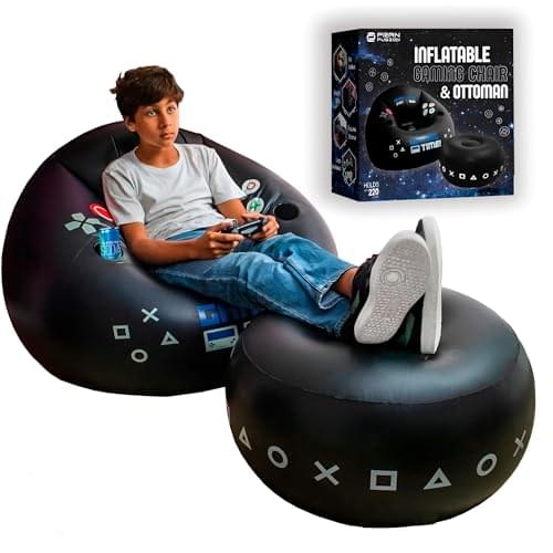 FranFusion Inflatable Gaming Chair for Kids & Teens with Cup Holders and Side Pocket – This Air Bean Bag Game Chair is The Perfect Furniture for Gamer Room Décor (Gaming Time with Ottoman)