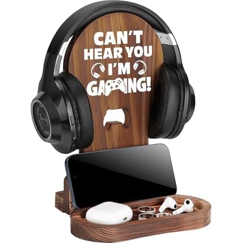 Slothoem-Gamer Gifts for Men Teenage Boy, Gamer Room Decor for Brother, Gaming Gifts for Son, Boyfriend, Husband, Gamer Room Accessories Stuff, Wooden Headset Stand – Can’t Hear You I’m Gaming