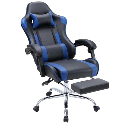 DUMOS Ergonomic Gaming Desk Chair – PU Leather Recliner with Footrest, Lumbar Support, Headrest, Fixed Armrests, Height Adjustable, 360° Swivel, Blue, for Adults