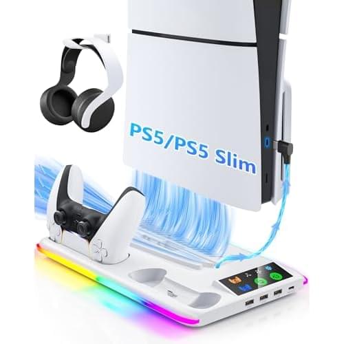 Controller Charger for PS5/PS5 Slim: Cooling Fan and Charging Station, Vertical Dock for PlayStation 5 Console and Accessories (White)