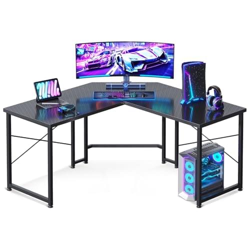 Casaottima 51 Inch L Shaped Gaming Desk, Compact Corner Computer Table, Writing Workstation for Small Spaces, Home Office & Streaming Setup, Easy Assembly, Carbon Fiber Surface, Pure Black