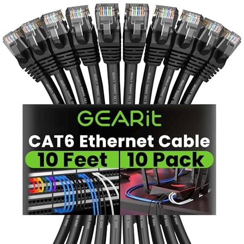 GEARit Cat 6 Ethernet Cable (10-Pack 10 Feet) Cat6 Network Patch, 10Gbps, RJ45, Snagless Cord, Gold-Plated Connectors, Internet for PC, TV, Tablet, Router, Printer, Servers, IT Data Center – Black
