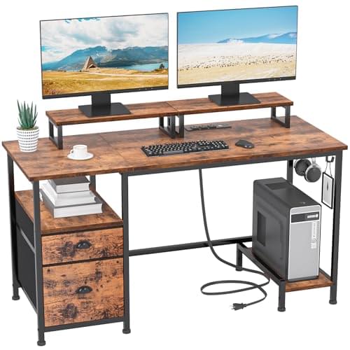 Furologee Computer Desk with Drawer and Power Outlets, 47″ Office Desk with 2 Monitor Stands and Fabric File Cabinet, Writing Gaming Table with Shelves and 2 Hooks for Home Office, Rustic Brown