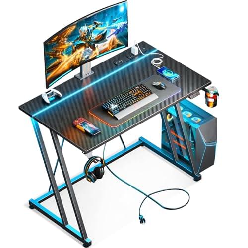 MOTPK 32 Inch Small Gaming Desk with LED Lights & Power Outlet, Computer Desk for Small Space, Gaming Table with Carbon Fiber Texture, Kids Desk Gift for Boys Men, Black