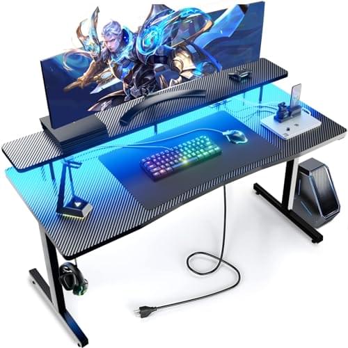GTRACING 55 Inch Gaming Desk with LED Lights, Computer Gamer Desk with Monitor Stand, Ergonomic Carbon Fiber Surface Gaming Table with Mouse Pad for Home Office, RGB