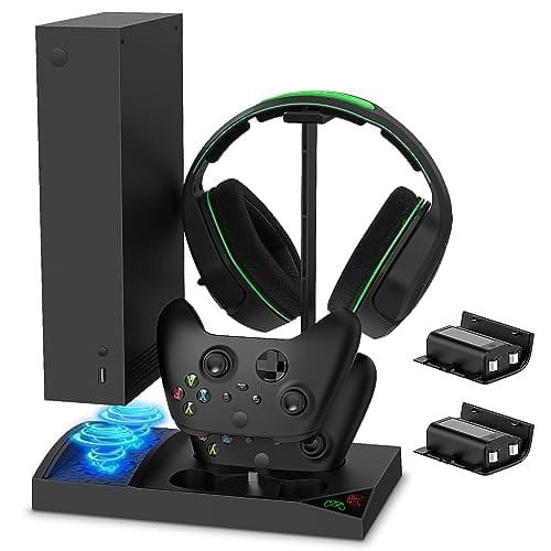 YUANHOT Vertical Cooling Stand Charging Station for Xbox Series S Console and Controller, Dual Fan Cooling System for Xbox Series S Accessories with 2Pack 1400mAh Rechargeable Battery, Headset Holder